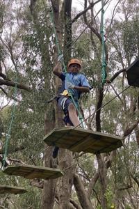 student walking across treetop platforms
