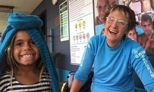 young aboriginal girl with swimming teacher Diana Papenfus