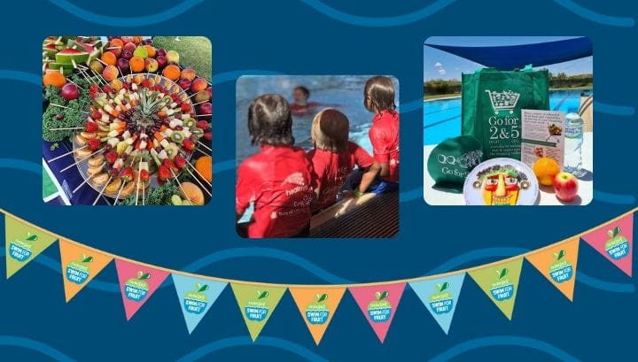 Images of fruit and children enjoying swimming lessons