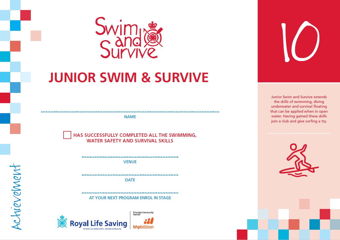 stage 10 junior swim and survive certificate