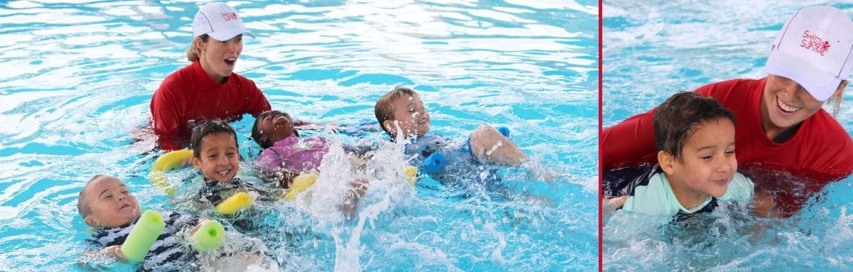 Swim teacher in water with four children on pool noodles