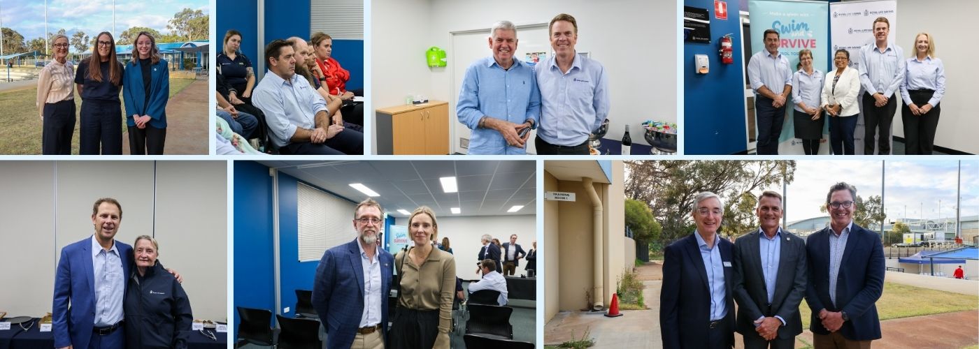 Collage of attendees posing for photos and listening to proceedings at Royal Life Saving WA’s 2026 Annual General Meeting.