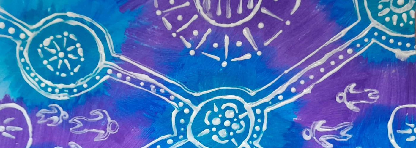 White patterns painted on a blue and purple background