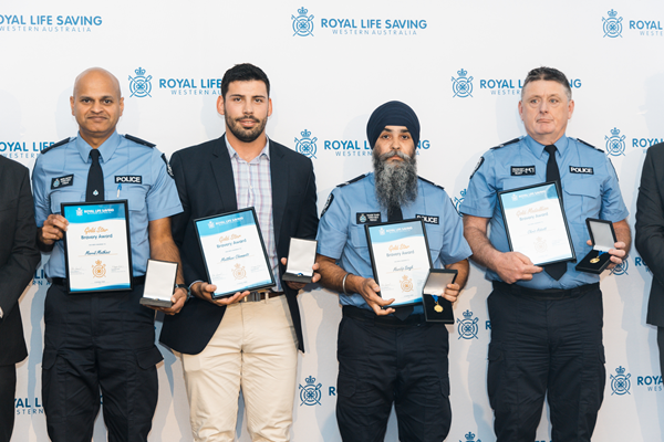 WAPOL Bravery Awards 2024_Gallery 2 Constable Merril Mathias, Constable Matthew Clements, First Class Constable Mandip Singh, and First Class Constable Chris Abbott.