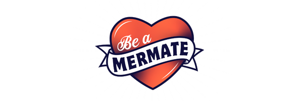 Be A Mermate logo of red love heart with Be A Mermate written across in script font