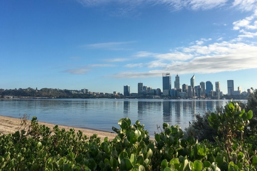 Overlooking Swan River from the South Perth foreshore towards the Perth CBD