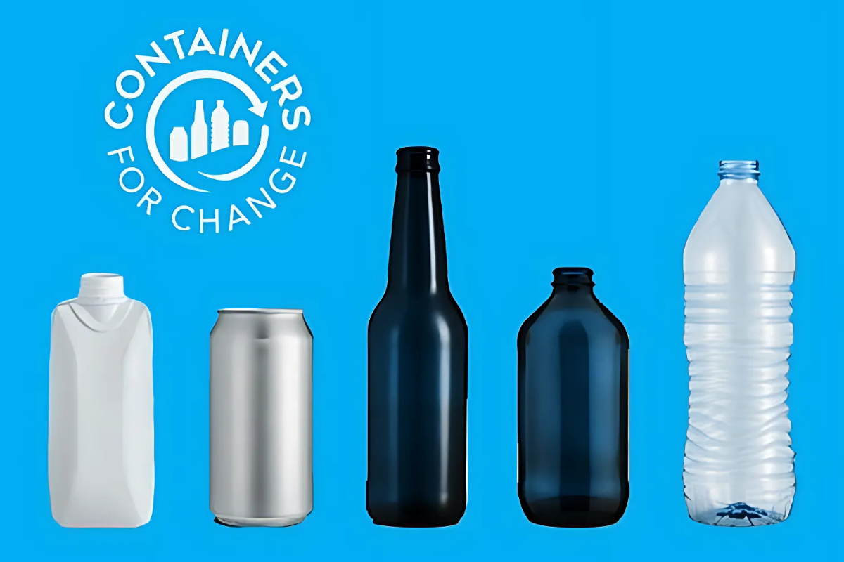 Various recyclable containers on a light blue background with the Containers for Change logo