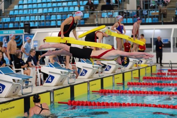 Competitors dive from the starting blocks holding yellow rescue tubes during a pool lifesaving relay.