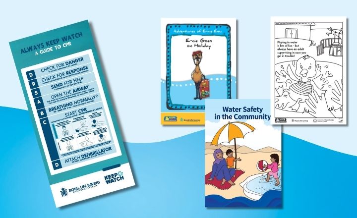 Light blue background with the images of downloadable resources including duck colouring pages, ernie goes on holiday booklet, DRSABCD magent and water safety in the community booklet
