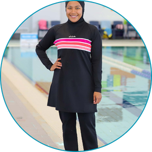 woman wearing burkini swim set with full length tunic and pants and swim hijab